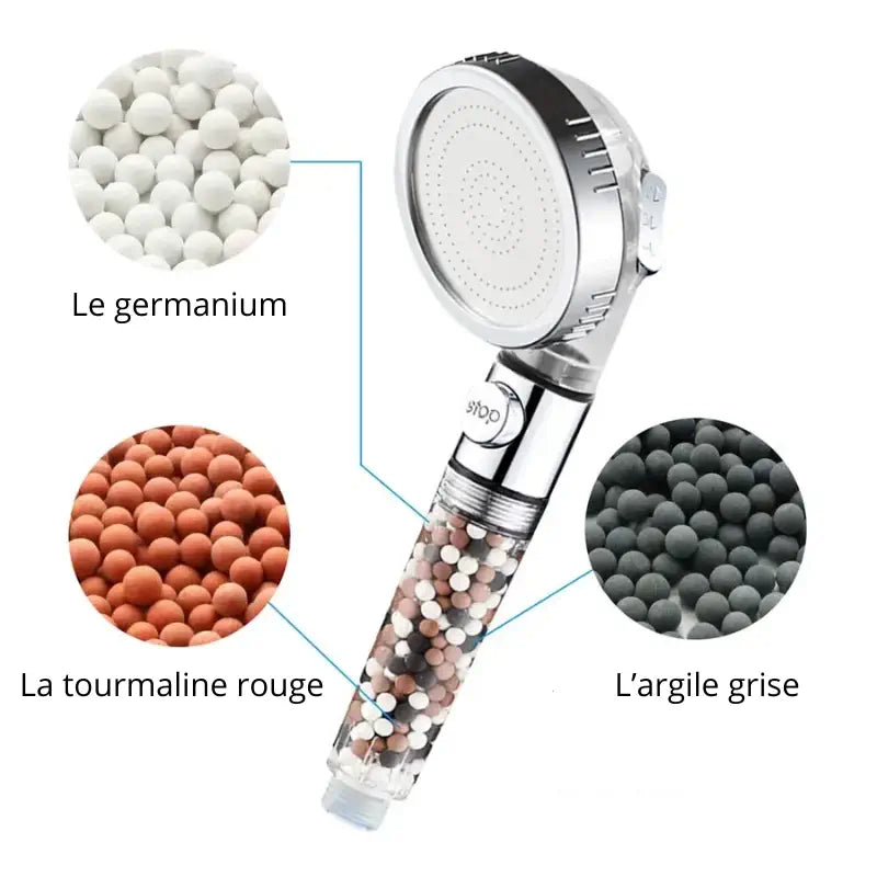 composition billes minérales pommeau de douche anti calcaire EcoShower